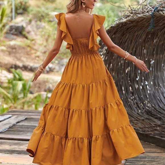 Mustard Yellow Casual Womens Ruffle Trim Layered Hem Dress - Picture 2 of 5